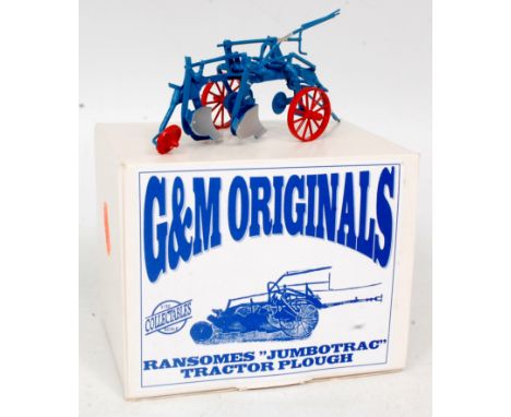 G and M Originals, Nottingham, 1/32nd scale white metal and resin model of a Ransomes 'Jumbotrac' tractor plough, blue with o