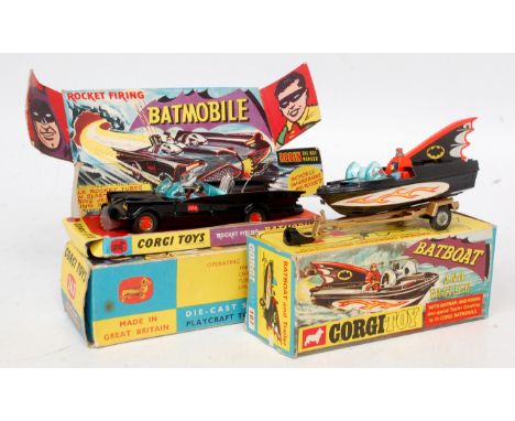 Corgi Toys, 267 Batmobile, gloss black body with red Bat logo on doors, gold cast hubs, with figures, pulsating exhaust, with