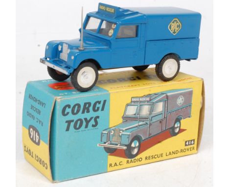 Corgi Toys, 416 RAC radio rescue Land Rover, blue body 'Radio Rescue' on cab roof sign, metal canopy with minor blemish, smoo