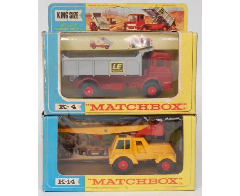 Matchbox King Size, Boxed Group, 2 examples to include K-4 Leyland Tipper Truck, with LE Transport Livery (VG-BG), and K-14 K