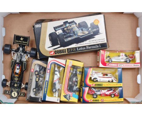 Corgi Toys Boxed Formula 1 Diecast Group, 7 boxed examples, to include 1/18th scale JPS Lotus Formula 1, box split (NM-BA/F),