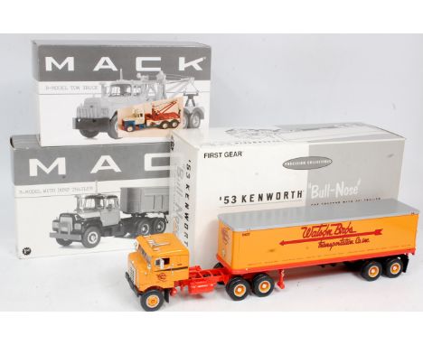 First Gear 1/34th scale commercial vehicle group, 3 boxed examples to include No.19-2792 "Malcolm Towing" Mack R600 Wrecker T