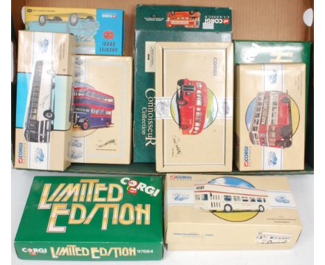 2 boxes containing 17 mixed modern issue Corgi Public Transport and Commercial Vehicles, to include Bristol K Utility London 