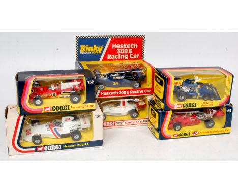 Dinky Toys and Corgi Toys Formula 1 Racing Car Boxed Group, 6 examples, to include Dinky 222 Hesketh 308 E (VG-BVG), Corgi No