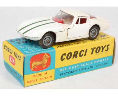 Corgi Toys 324, Marcos 1800 GT Volvo with engine, white body, red interior with 2 green bonnet stripes, very minimal losses, 