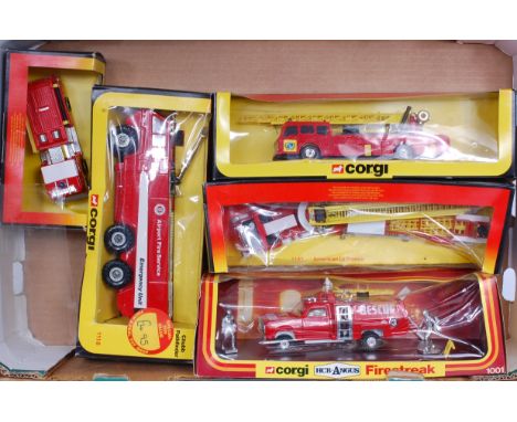 Corgi Toys Window Boxed Emergency Services Group, boxes with damage and windows split, to include No.1001 HCB Angus Fire Stre