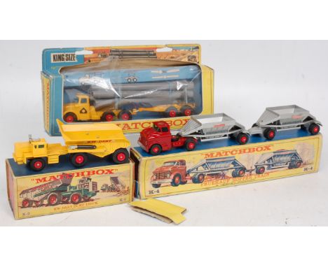 Matchbox King Size Group, all boxes damaged and worn, to include K-2 KW Dart Dump Truck, K-4 Fruehauf Hopper Train, and K-10 