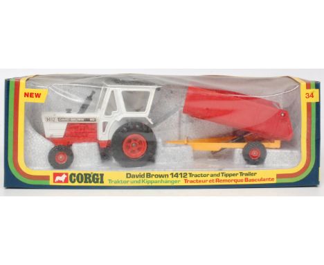 Corgi Toys, No.34 David Brown 1412 Tractor and Tipper Trailer, white and red tractor with black tyres, with red and yellow ti