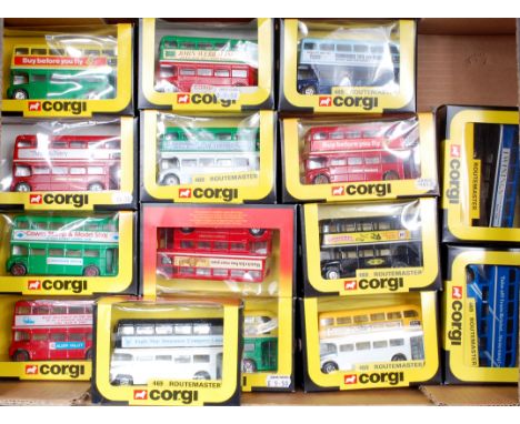 Corgi Toys Public Transport Routemaster Bus Group, 15 window boxed examples, mixed liveries, to include Duty Free, Trowbridge