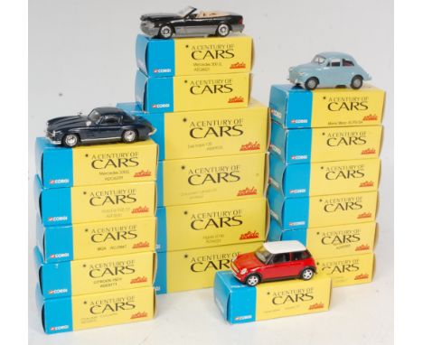 Corgi Solido A Century of Cars diecast group, 18 boxed examples to include E Type Jaguar, Citroen 15CV, Jaguar SS100 and othe