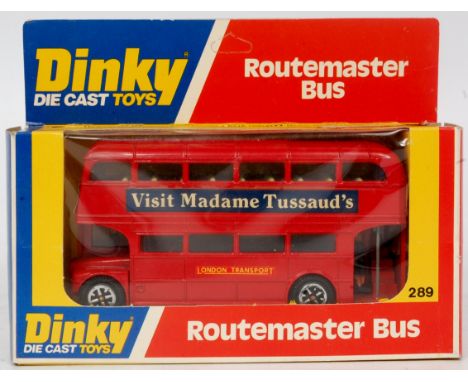 Dinky Toys No.289 London Routemaster Bus "Visit Madame Tussauds", red, body light blue upper interior, dark blue lower interi