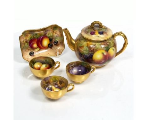 Royal Worcester small teapot painted with fruit by Price, a Royal Worcester pin tray and three coffee cups painted with fruit