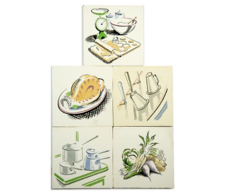 Five Carter kitchen tiles circa 1930 (Poole interest,: Carter worked for Poole), 15.5cm across