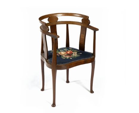 Mahogany and inlaid tub chair Art Nouveau style with tapestry seat, 50cm across x 83cm high