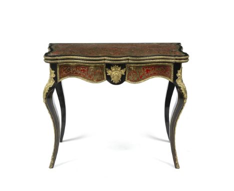 French Boulle card table 19th Century, with serpentine front, 95cm across x 46cm deep x 77cm high