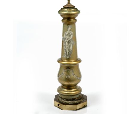 Large glass table lamp in the manner of Fornasetti, decorated with a maiden, 58cm high 