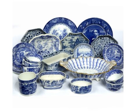 Quantity of blue and white printed wares including six Spode blue and white cups and saucers, Staffordshire tureen and others