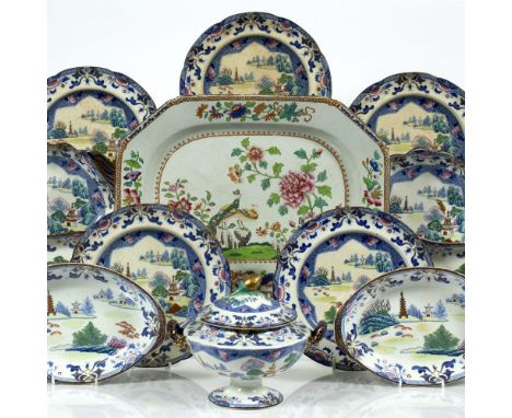 Stone china part service 19th Century, including a tureen, serving and dessert plates and a Spode stone china small meat plat