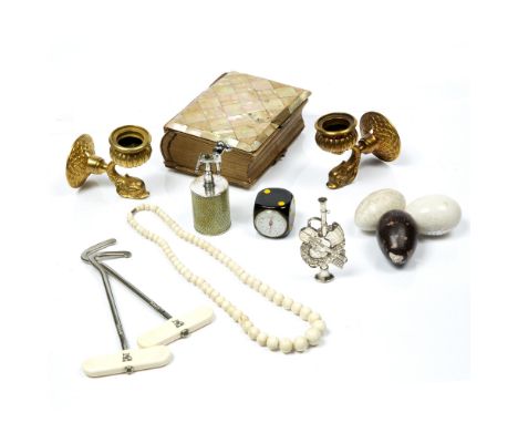 Group of pieces to include sconces, ivory necklace circa 1900, white metal brooch, shagreen lighter, mother of pearl album an