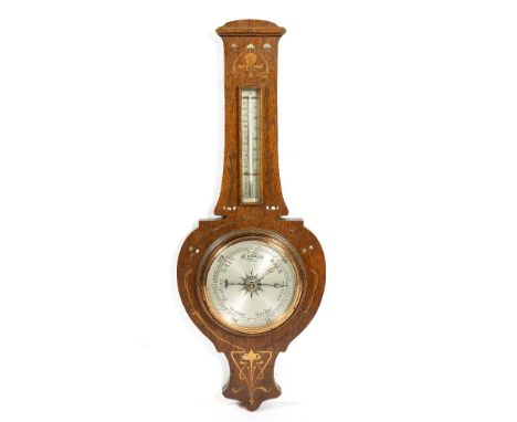 Oak and inlaid wall barometer Art Nouveau, with copper and mother-of-pearl inlay, mercury thermometer and aneroid barometer, 