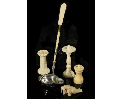 Continental ivory and plated ladle and four ivory pieces including a thermometer, walrus and pepper pot, 19th Century (5)