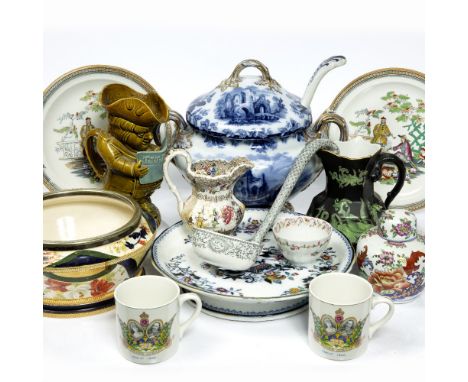 Quantity of ceramics to include a Copeland late spode transfer painted tureen, toby jug, ironstone jug decorated with dragons
