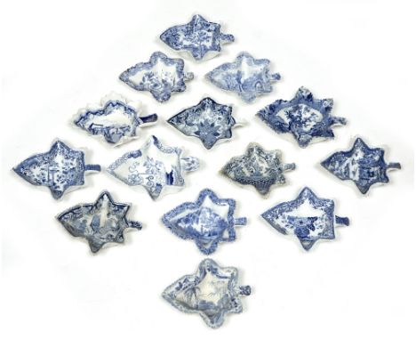 Group of fourteen English pottery blue transfer pickle dishes 19th Century, of leaf form to include Spode and others