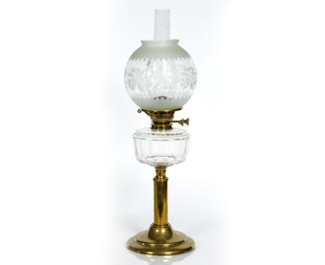 Brass and glass oil lamp Victorian, with cut glass reservoir, raised on a brass pillar, inscribed "English Made Duplex", 55.5