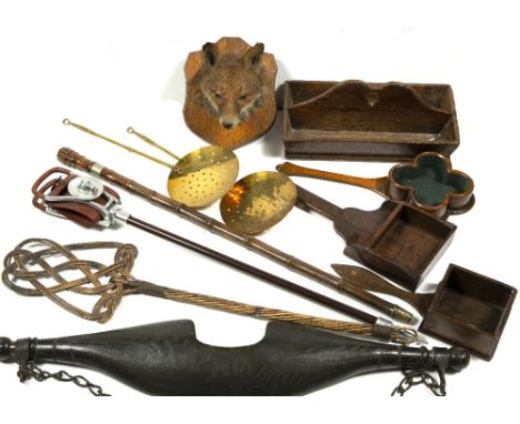 Mounted fox's head and further items including yoke, shooting stick, sword stick and various Communion boxes etc