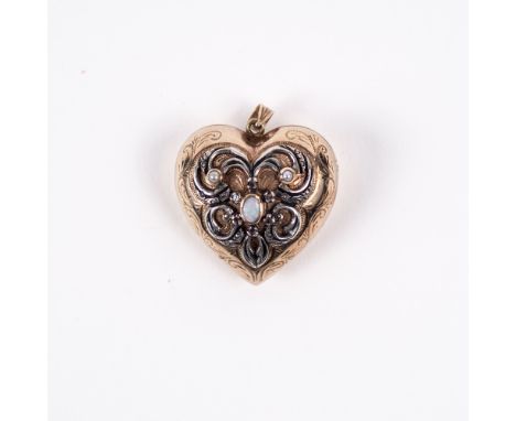 9ct gold heart shaped locket with applied decoration and opal and pearl setting