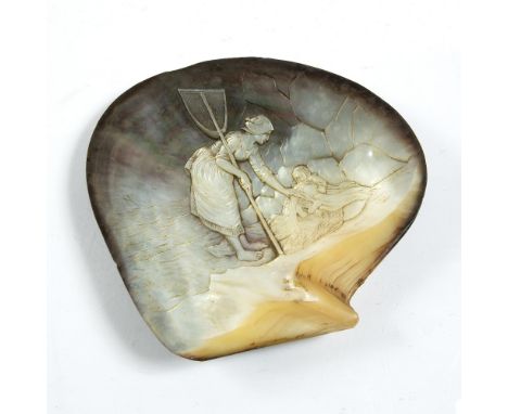 Mother of pearl shell dish depicting a fish catcher with a small child, 20cm across