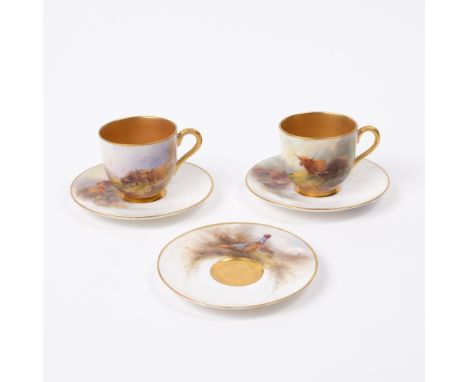 Pair of Royal Worcester coffee cups and saucers painted with highland cattle by Harry Stinton and one other saucer painted wi