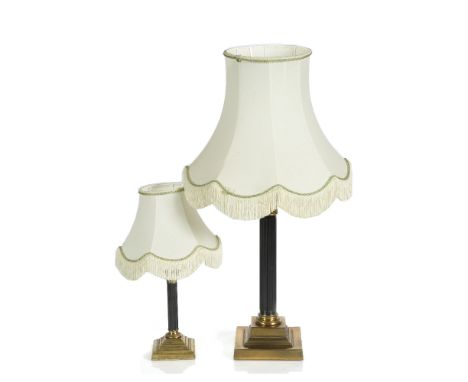 Brass and metal column table lamp 38cm and a smaller similar lamp, 19cm