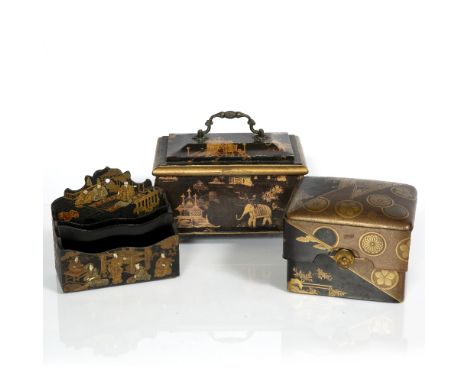 Japanese gold lacquer box (Kobako) and cover, Meiji, (incomplete), 15cm, a small chinoiserie book rack and a reproduction tea