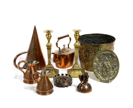 Pair of brass candle sticks with Corinthian style columns, together with a quantity of other metal ware to include a brass bu