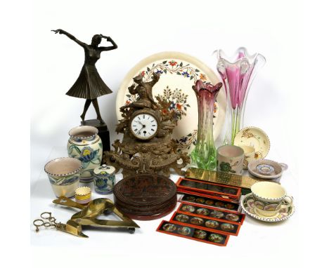 Group of pieces  including Honiton glass and Indian inlaid tray and a gilt metal mantel clock