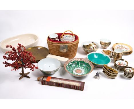 Various Chinese pieces  to include cased Canton teapot, brass and other dishes and other items