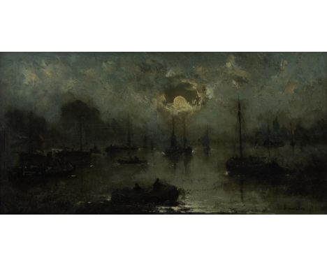 Jozef MOERENHOUT (1801-1875), oil on panel Boats at dusk, signedJozef  MOERENHOUT (1801-1875), olie op paneel Boten bij valav