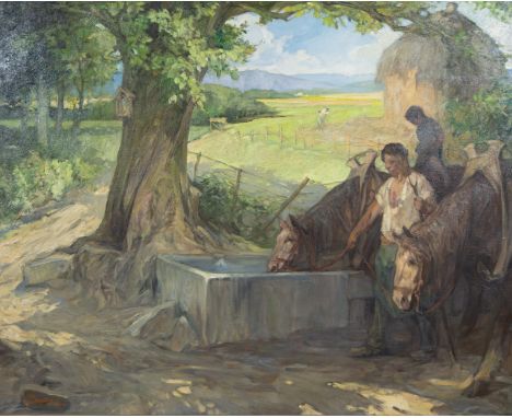 Jules Pierre VAN BIESBROECK (1873-1965), oil on canvas Rest break at the water basin, signedJules Pierre VAN BIESBROECK (1873