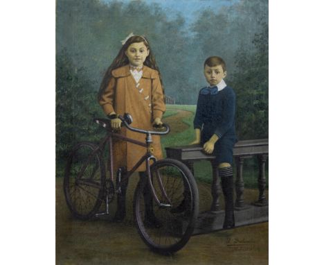 J Salembier, oil on canvas Portrait of girl with bicycle and brother, signed and dated 27-6-1919J Salembier, olie op doek Por