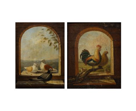 19th century pendant, oil on panel, Landscape with Pigeons and Rooster19e eeuwse pendant, olie op paneel, Landschap met duive