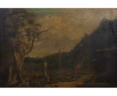 18th century oil on panel Animated landscape18e eeuws olie op paneel Geanimeerd landschap39 x 56 cm