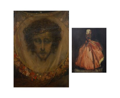 Karel VAN BELLE (1884-1959), oil on panel (2) Young lady with hoop skirt and Christ with crown of thorns, monogram and signed