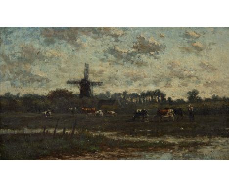 Johan Nicolaas VAN LOKHORST (1837-c.1929), oil on panel Landscape with mill and cows, signedJohan Nicolaas VAN LOKHORST (1837