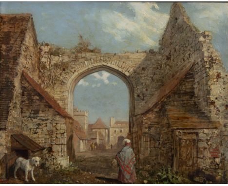 19th century oil on panel Ruin with dog19e eeuws olie op paneel Ruïne met hond24 x 28 cm