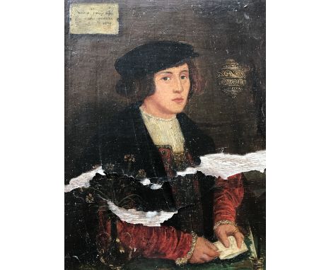 Portrait of a 16th Century gentleman, his gaze directed towards the viewer, in his hands he clutches a letter and displayed o