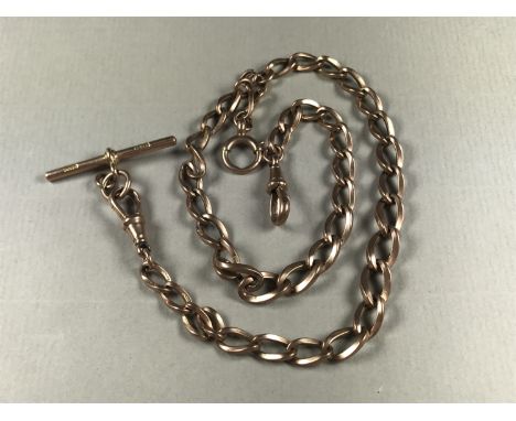 A 9ct rose gold double watch chain, of square-section curb links, with T-bar, swivels and bolt ring, 38 cm, 29 g