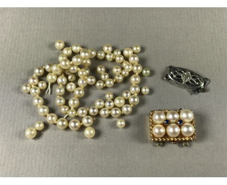 A 9 ct gold, sapphire and pearl necklace clasp, 18 x 8 mm, 6.3 g, together with a single strand pearl necklace with a preciou