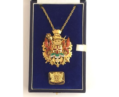 A City of Carlisle enamelled 9ct gold Mayoral jewel set with diamonds, presentation engraving verso, on yellow-metal neck cha
