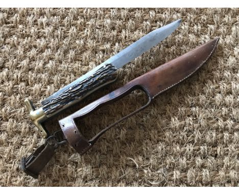 A late 19th / early 20th Century folding hunting / campaign knife, having antler grip scales and slender Bowie type blade, in